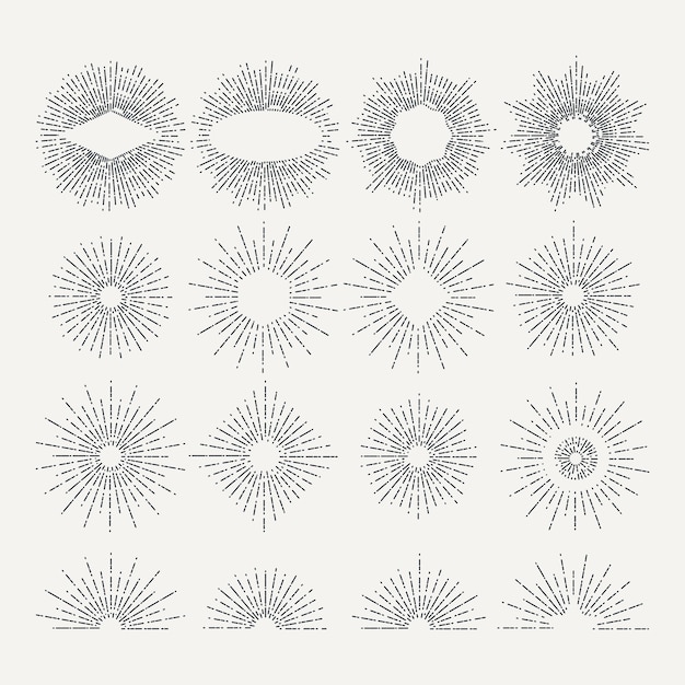 햇살 그림을 설정합니다. 원 모양 요소. 영화. 선형 방사형 빈티지 선 버스트, 드로잉 항성 세트