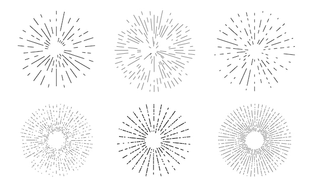 Vector sunburst linear icon collection. bursting rays, firework or starburst set