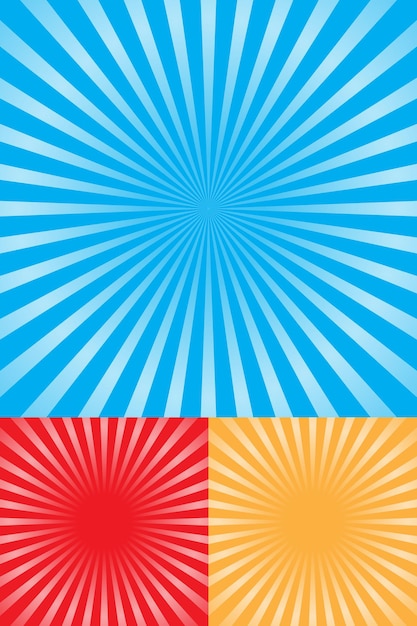 Vector sunburst retro radial pattern set three different variants of colors ray background vintage