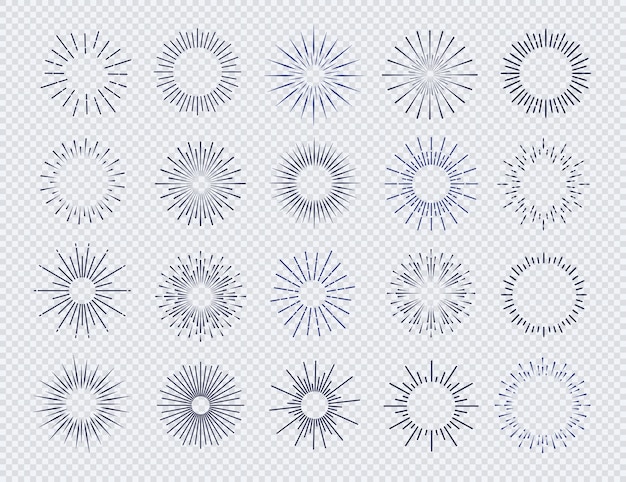 투명한 배경에 격리된 선버스트 세트 장식 로고 엠블럼 벡터 10eps를 위한 빛 컬렉션의 스타 불꽃 폭발 광선