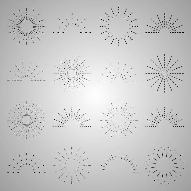 Sunburst set Vintage sunrise collection Light rays elements Firework explosion stars Vector