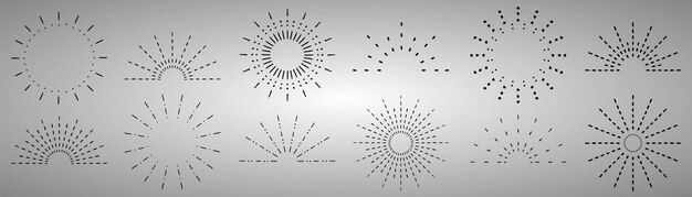 Sunburst set vintage sunrise collection light rays elements firework explosion stars vector