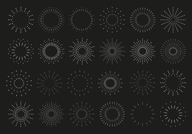 Sunburst set vintage sunrise collection vector light rays elements on black background vector