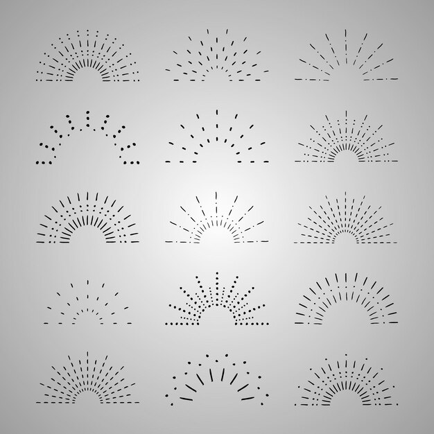 Sunburst set Vintage zonsopgang collectie Lichtstralen elementen Vuurwerk explosie sterren Vector