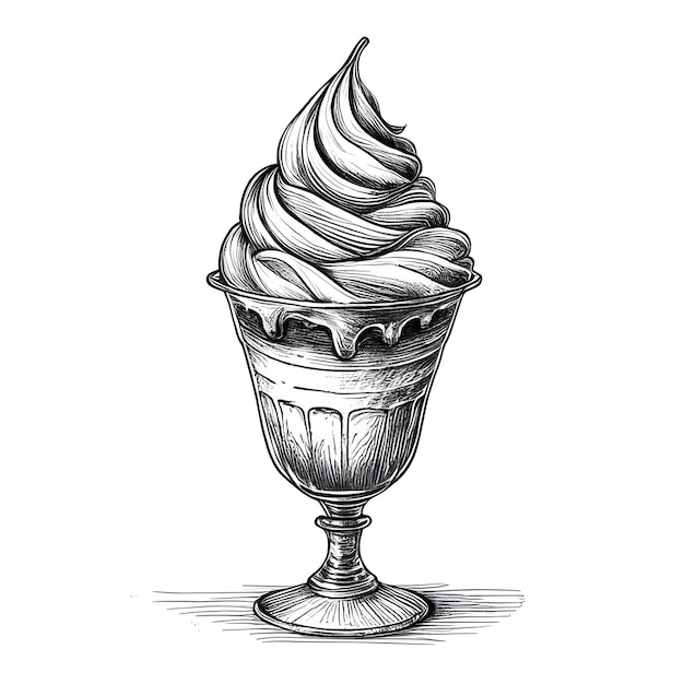 Vettore disegno a inchiostro sundae in stile incisione vettoriale in bianco e nero