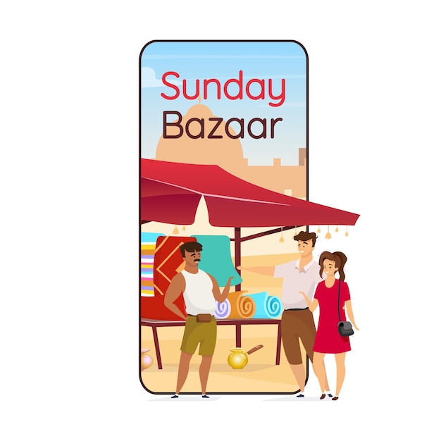 Vector sunday bazaar cartoon smartphone app screen. arabic souk. egyptian souvenirs for tourist. mobile phone display with flat character design mockup. flea market application telephone interface