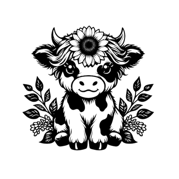 Vettore sunflower baby highland cow silhouette disegno vettoriale in bianco e nero