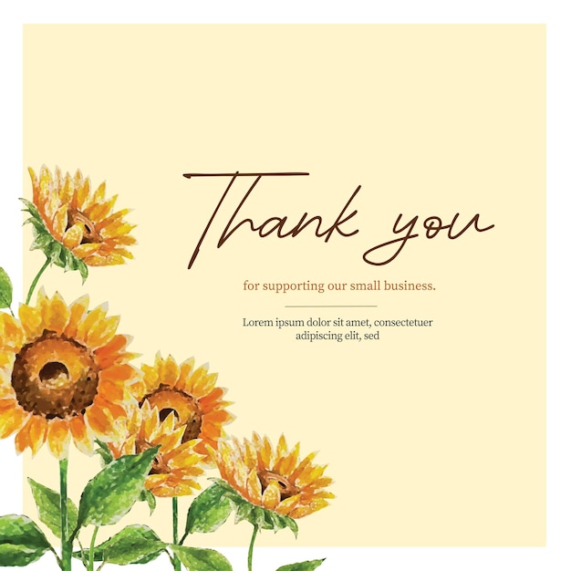 sunflower border floral frame thank you card template with watercolor