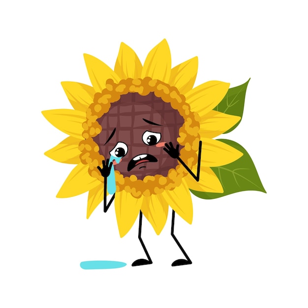 Vector sunflower character with crying and tears emotion sad face depressive eyes arms and legs plant person with melancholy expression yellow sun flower emoticon vector flat illustration