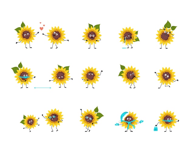 Sunflower character with happy or sad emotions panic loving or\
brave face hands and legs plant person with mask glasses or hat\
vector flat illustration