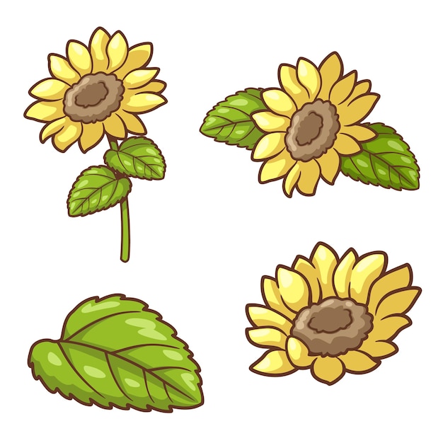 Illustrazione di vettore del fumetto di clipart dell'elemento del girasole insieme botanico degli elementi del fiore giallo