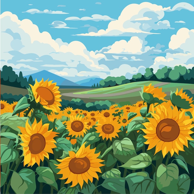 Vector sunflower field on beautifull hills sunny summer day landscape vector illustration