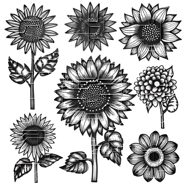 Sunflower flat vector linear set illustration high quality