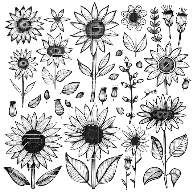 Sunflower flat vector linear set illustration high quality