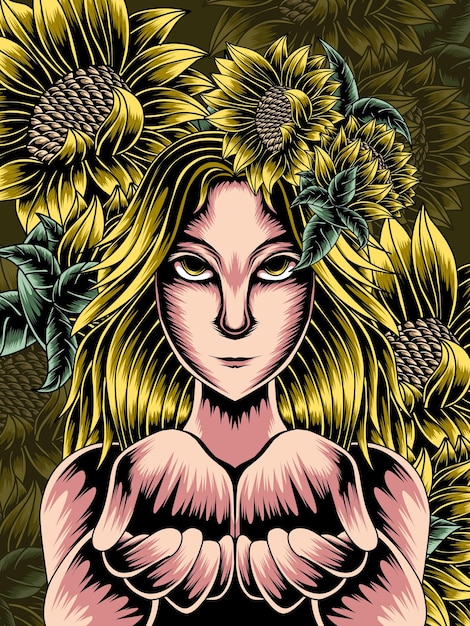sunflower girl illustration holding out her hand