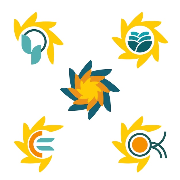 Sunflower and greenery sun logo set