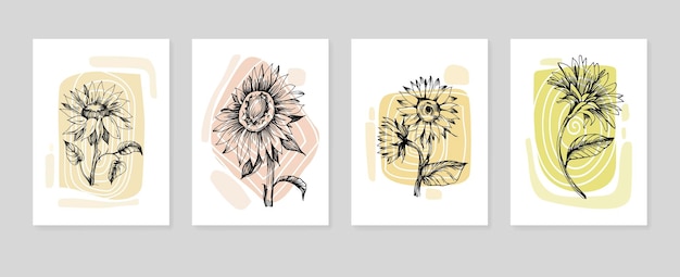 Illustrazioni dipinte a mano di girasole per la decorazione della parete fiore minimalista in stile schizzo