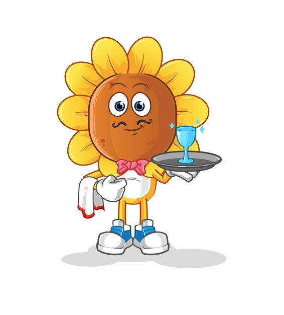 Sunflower head cartoon waiter cartoon mascot vector