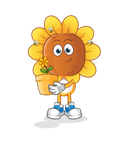 sunflower head cartoon with a flower pot character vector