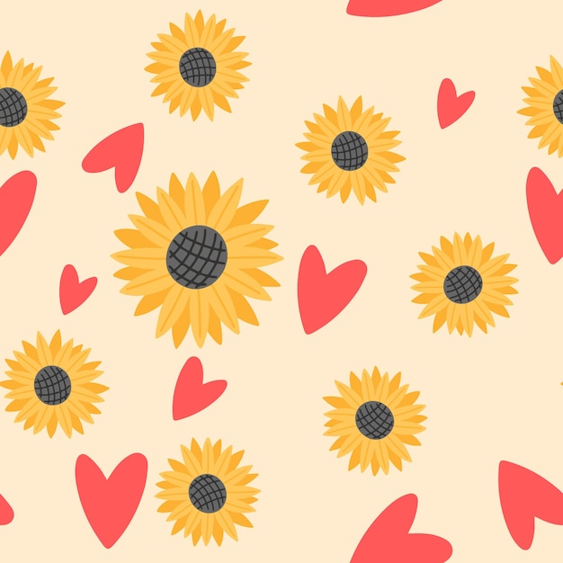 Sunflower and heart cute seamless pattern Ukraine concept