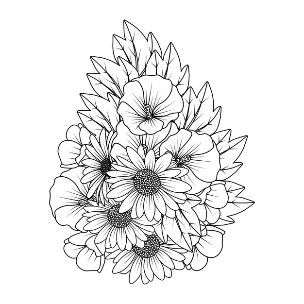 Sunflower and hollyhock flower doodle art coloring page with\
decorative flower background design illustration