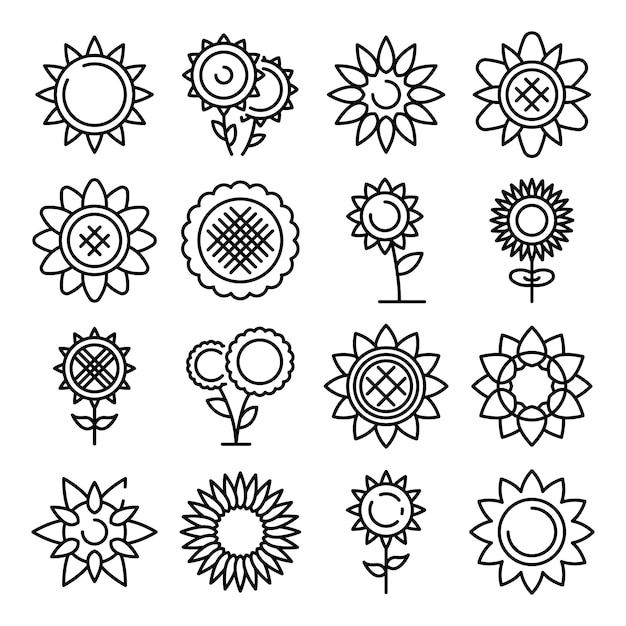 Sunflower icons set, outline style