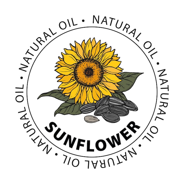 Sunflower natural oil. label for bottle sunflower oil. sunflower and seeds. sunflower oil.