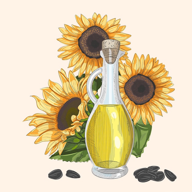 Vettore bottiglia di olio di girasole e fiore illustrazione vettoriale