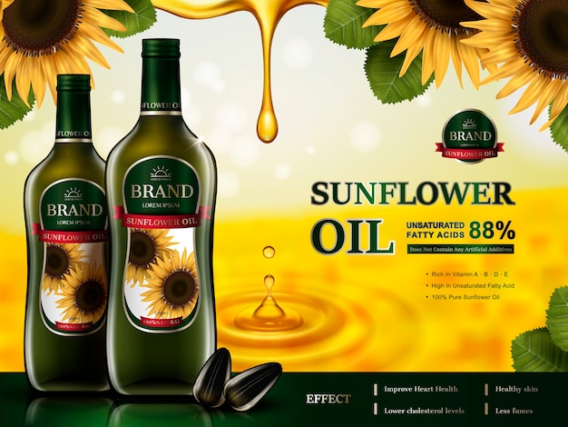 Vector sunflower oil contaed glass bottles, sunflower elements and golden oil drops