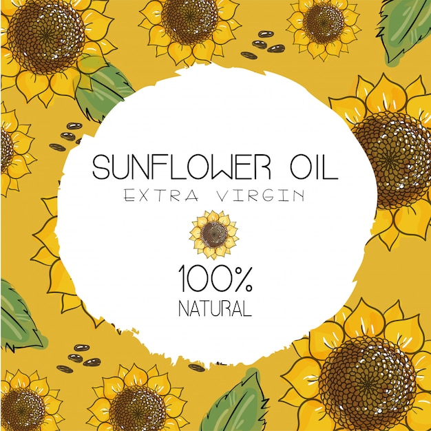 Olio di girasole, confezione di girasole, cosmetici naturali, prodotti sanitari. fiori disegnati a mano con semi su sfondo giallo ocra.