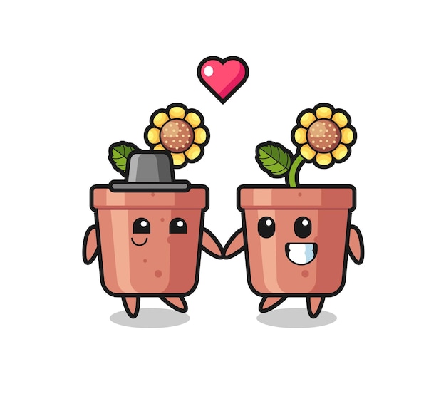 Sunflower pot cartoon character couple with fall in love gesture , cute style design for t shirt, sticker, logo element