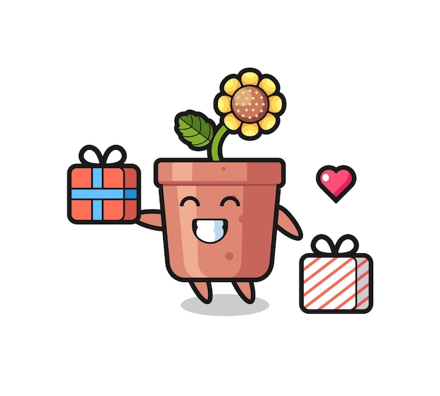 Sunflower pot mascot cartoon giving the gift , cute style design for t shirt, sticker, logo element