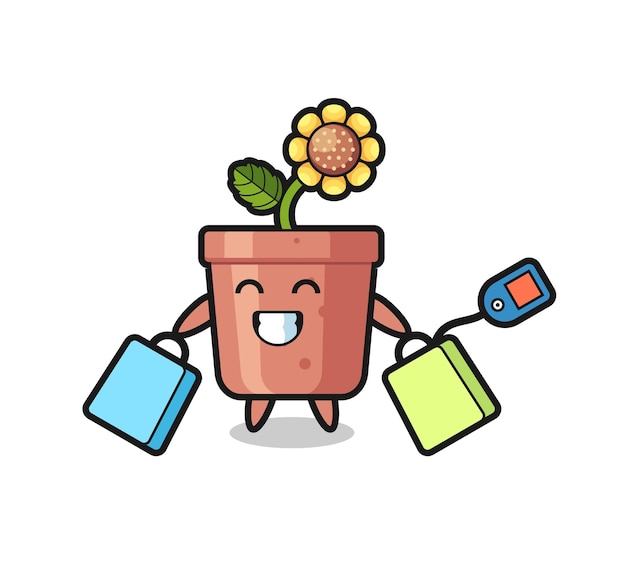 Fumetto della mascotte del vaso di girasole che tiene una borsa della spesa, design in stile carino per maglietta, adesivo, elemento logo