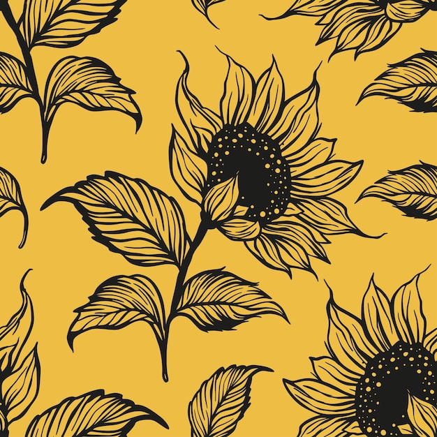 Sunflower seamless vector line pattern nature summer plant botanical sketch ornament