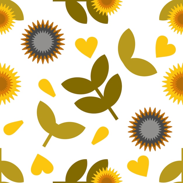 Sunflower seamless vector pattern with yellow petals and hearts