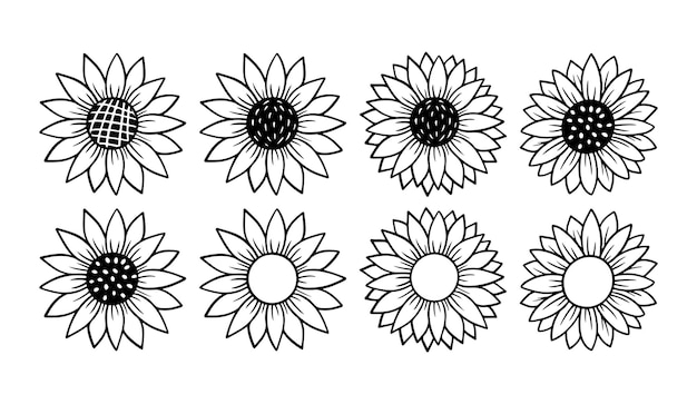 Icona semplice del girasole. illustrazione di vettore della siluetta del fiore. logo grafico del girasole, icona disegnata a mano per l'imballaggio, l'arredamento. cornice di petali, sagoma nera isolata su sfondo bianco