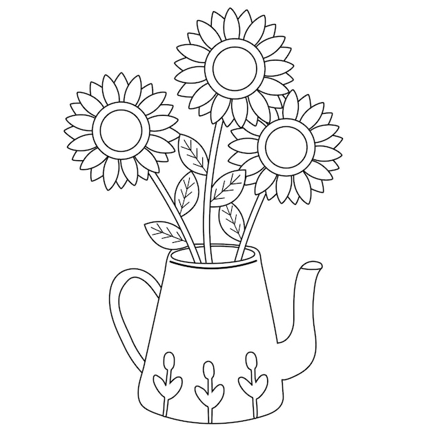 Girasole in teiera o vaso in stile vettoriale piatto illustrazione sul tema floreale dei fiori