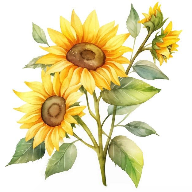 Sunflower Watercolor Flowers and Leaf Assortment Vector Set