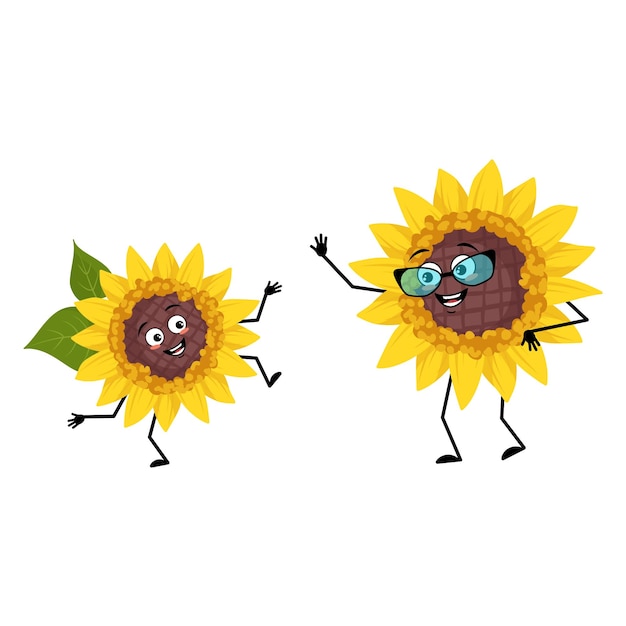 Sunflower with glasses and grandson dancing character with happy emotion face smile eyes arms and legs Plant person with expression yellow sun flower emoticon Vector flat illustration