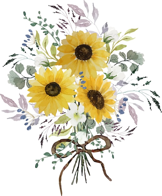 Sunflower with green leaves bouquet watercolor hand draw decoration