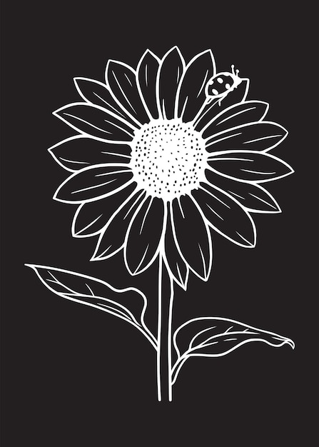 Sunflower with a ladybug hand drawn vector line art illustration