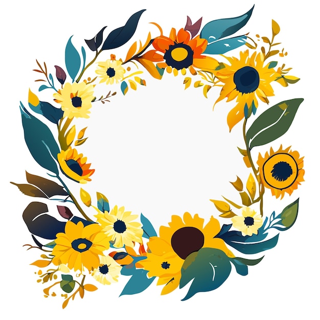 Sunflower wreath round frame of yellow flowers hand drawn watercolor illustration