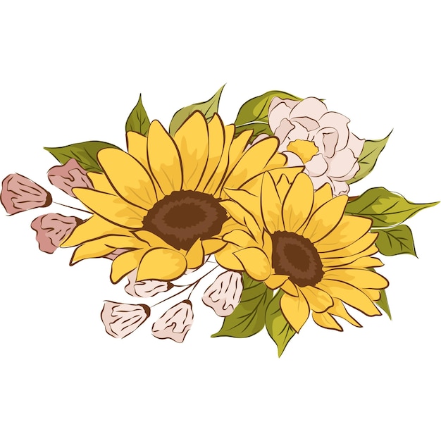 Vector sunflower yellow flower illustration with rustic fall autumn leaves