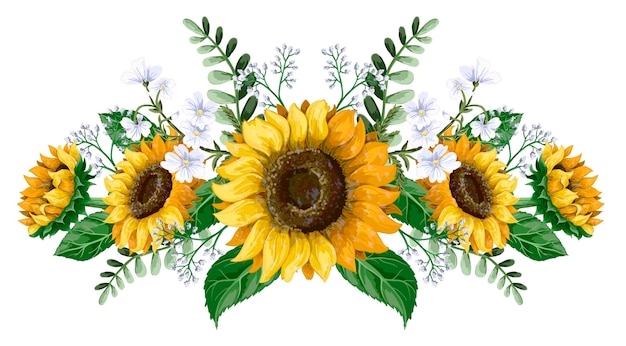 Bouquet di girasoli con fiori selvatici isolati illustrazione vettoriale