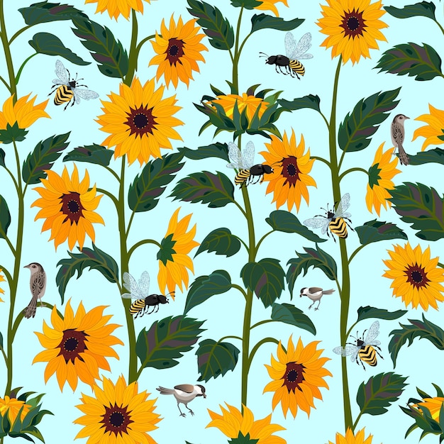 Sunflowers Buds stems foliage flowers Sparrows bees and wasps Seamless pattern print