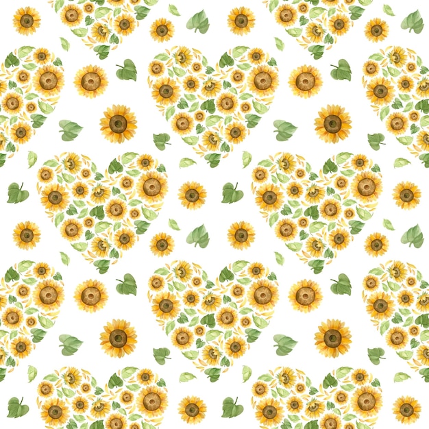 Sunflowers hearts seamless pattern for wedding decoration Romantic watercolor clipart