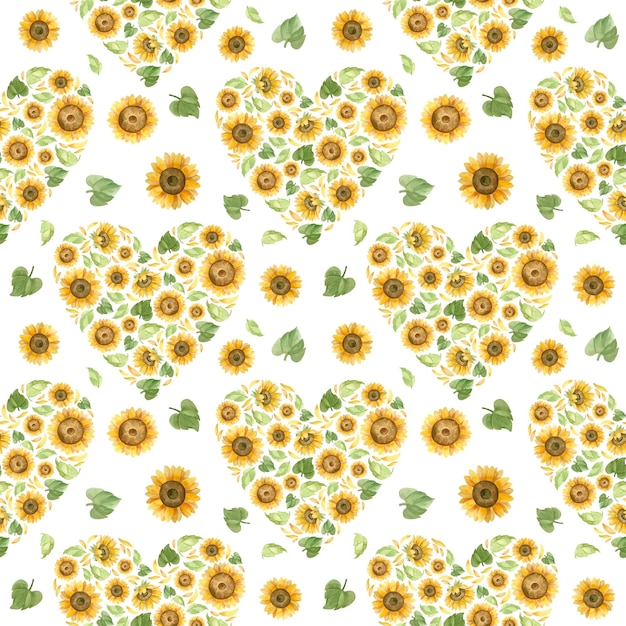 Vector sunflowers hearts seamless pattern for wedding decoration romantic watercolor clipart