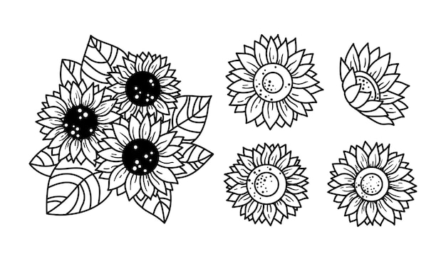 Sunflowers isolated clipart floral decorative elements line wildflower and leaves botanical items