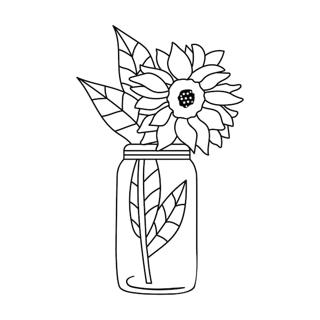 Sunflowers in jar Wildflowers in glass bottle Vector outline illustration isolated on white