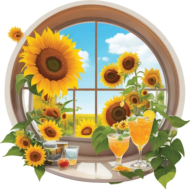 Sunflowers near the window with a glass of orange juice